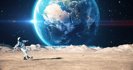 Wall Mural - astronaut on an alien planet playing soccer. planet earth is visible. space related majestic scene.
