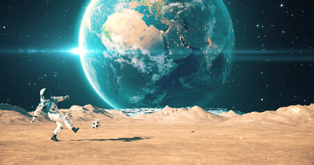 Wall Mural - young astronaut on the surface of the moon playing soccer. shooting slowly. space related majestic s