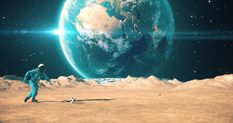 Wall Mural - astronaut in space suit on an alien planet playing soccer. shooting slowly. space related majestic s