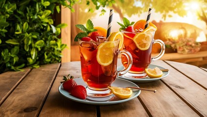 Two glasses of iced tea with mint and fruits on wooden table