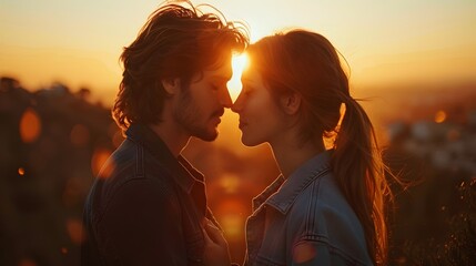 Canvas Print - Romantic Couple Gazing Into Each Other s Eyes Against Scenic Sunset Landscape