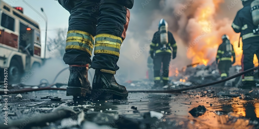 Firefighter in boots rescuing people in disasterstricken city clos ...