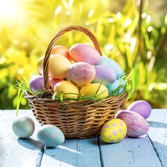 Wall Mural - A delightful and vibrant scene of a wicker basket brimming with an assortment of colorful Easter eggs