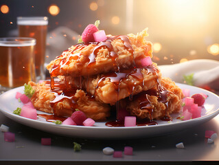 Wall Mural - Tasty waffles with caramel sauce and berries on white plate.