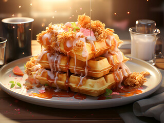 Wall Mural - Waffles with caramel and whipped cream on a wooden table. 3d rendering