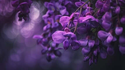 Close up image capturing the exquisite beauty of purple flowers swaying from a branch