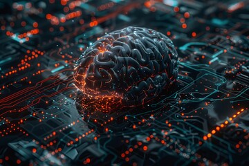 Aufkleber - An abstract representation of a human brain integrated with digital elements and neural networks, symbolizing the convergence of human intelligence and AI. Generative AI