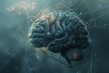 Poster - a digital illustration of a human brain intertwined with intricate network lines, representing the m