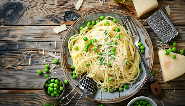 Delicious pasta with green peas, cheese, grater and fork on wooden table, top view