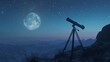 © nicole - Stargazing Adventure: Telescope on Mountain Tripod, Capturing the Moon Amidst Galaxy Stars and Cozy Clouds