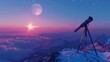 © nicole - Stargazing Adventure: Telescope on Mountain Tripod, Capturing the Moon Amidst Galaxy Stars and Cozy Clouds