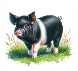 A Hampshire Pig standing on grass., highlighting the detailed and natural depiction of the animal. The background is white, watercolor illustration style.