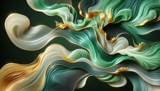 Abstract fluid art piece featuring silk-smooth wave patterns in neon green and gold. The design is elegant and luxurious, with a clean and minimal aesthetic.