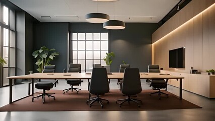 Poster - modern conference room with large windows and wooden wall generative ai
