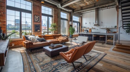 Wall Mural - Apartment living in the city. A modern industrial loft with an open layout and views