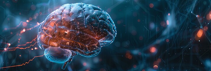 Leinwandbilder - An abstract visualization of a human brain integrated with digital elements and neural networks, symbolizing the fusion of human intelligence and artificial intelligence. Generative AI