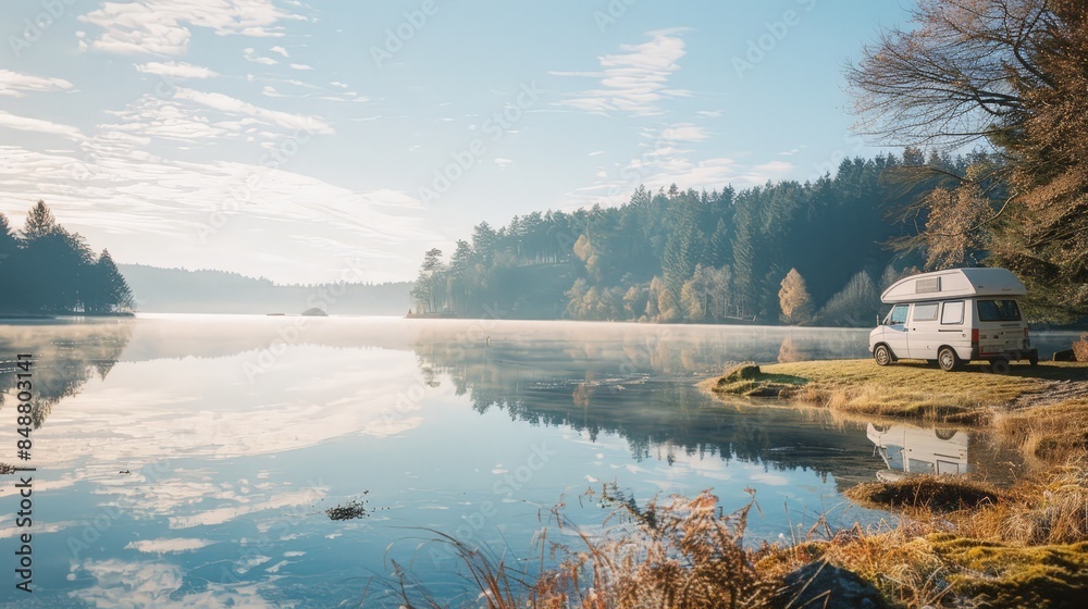 camper van parked by a tranquil lake, blank space, nomadic lifestyle ...