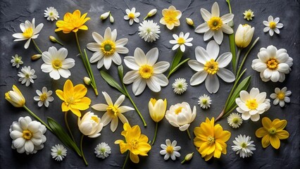 Wall Mural - a beautiful arrangement of yellow and white flowers on a dark slate background
