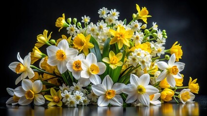 Sticker - A vibrant bouquet of yellow and white daffodils against a dark background.