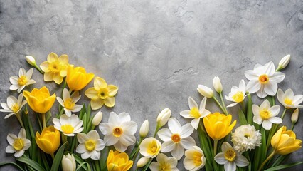 Wall Mural - a beautiful arrangement of yellow and white spring flowers on a gray textured background.