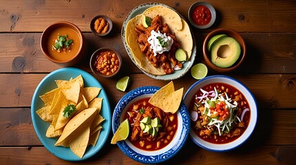 Wall Mural - Wide view of various typical Mexican foods served on a rustic wooden table. Dishes include pozole, churros and tacos al pastor. Empty space at the bottom right for your text.