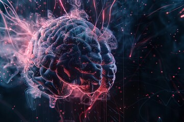Leinwandbilder - An abstract visualization of a human brain integrated with digital elements and neural networks, symbolizing the fusion of human intelligence and AI. Generative AI