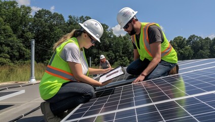 Wall Mural - Engineers inspect solar panel installations to ensure safety and efficiency, promoting proper system performance for renewable energy generation. They strive for optimal functionality of the systems
