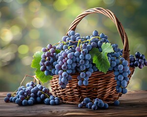 Sticker - Freshly Harvested Grapes in Rustic Wicker Basket on Wooden Table