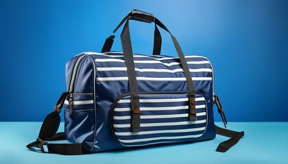 Wall Mural - A large, navy blue gym bag with white stripes and sturdy zippers, set on a smooth sky-blue 