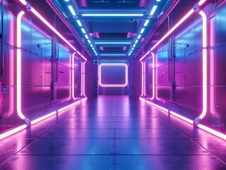 Poster - Futuristic Digital Frame with Glowing LED Lights in a Modern Innovative Corridor Background