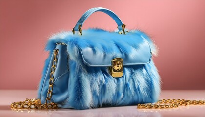 Wall Mural - A trendy, fluffy faux fur handbag in soft pastel blue with a satin lining and gold chain