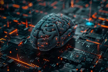 Aufkleber - An abstract visualization of a human brain integrated with digital elements and neural networks, symbolizing the fusion of human intelligence and artificial intelligence. Generative AI