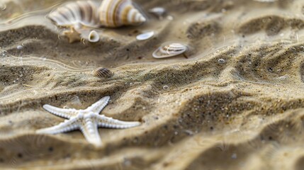 Wall Mural - Macro shot of the sandy seabed, starfish and small shells scattered, delicate ripples in sand. 