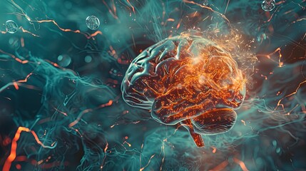 Poster - A digital rendering of a human brain surrounded by abstract digital elements and neural networks, symbolizing the fusion of human intelligence and AI. Generative AI