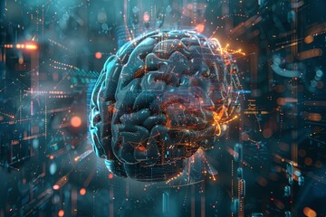Wall Mural - An abstract illustration of a human brain intertwined with digital elements and neural networks, symbolizing the fusion of human intelligence and artificial intelligence. Generative AI