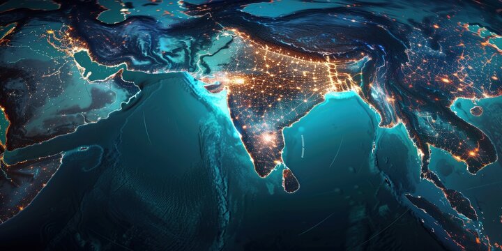 Satellite view of Earth at night showing illuminated cities in South Asia and surrounding regions. Nighttime satellite photography. Global connectivity and urbanization concept.