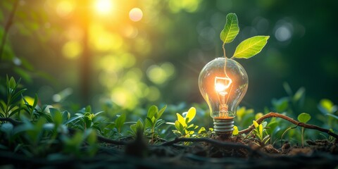 light bulb on the soil with leaf and tree in forest. concept of energy saving, renewable energy and environmentally friendly