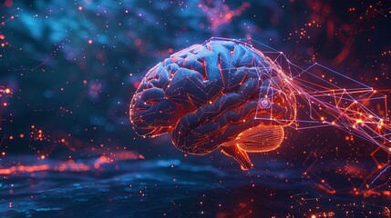 Leinwandbilder - A futuristic visualization of the human brain connected to digital elements and neural networks, symbolizing the fusion of human intelligence and AI. Generative AI