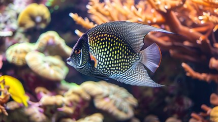 Close-up of an angel fish, elegant patterns on its body, gracefully swimming past colorful corals. 