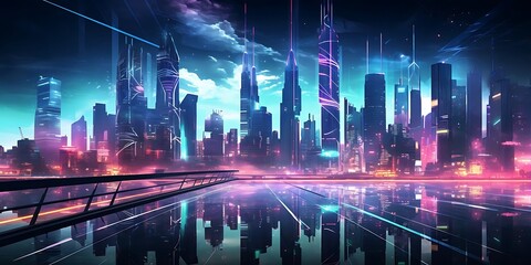 Wall Mural - a futuristic cityscape featuring a towering skyscraper, a bustling street, and a bustling river