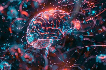 Poster - A futuristic visualization of a human brain merging with digital elements and neural networks, representing the future of human intelligence. Generative AI