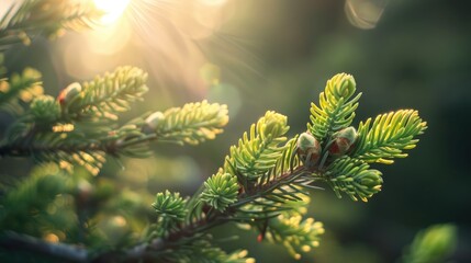 Wall Mural - Green spruce branches blossoming in a spring setting featuring spruce buds in macro view