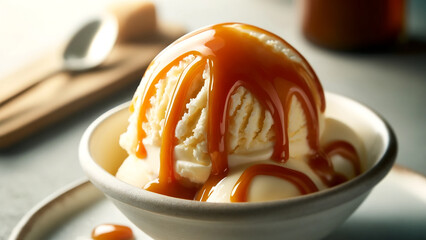 Wall Mural - vanilla ice cream topped with rich caramel sauce.