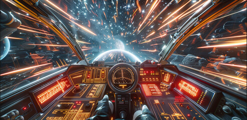 Poster - Looking out from the cockpit of a spaceship while traveling at very fast speeds approaching and exceeding the speed of light, with the instrument panels and the spaceship controls. Generative AI.