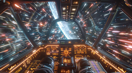 Poster - Looking out from the cockpit of a spaceship while traveling at very fast speeds approaching and exceeding the speed of light, with the instrument panels and the spaceship controls. Generative AI.