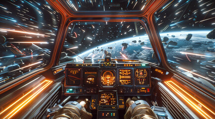 Poster - Looking out from the cockpit of a spaceship while traveling at very fast speeds approaching and exceeding the speed of light, with the instrument panels and the spaceship controls. Generative AI.