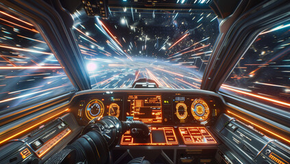 Poster - Looking out from the cockpit of a spaceship while traveling at very fast speeds approaching and exceeding the speed of light, with the instrument panels and the spaceship controls. Generative AI.