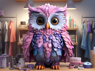 Wall Mural - 3d  of a cute owl sitting in a room with cosmetics