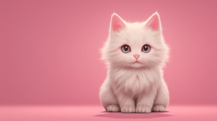 Wall Mural - A cute white kitten is sitting on a pink background