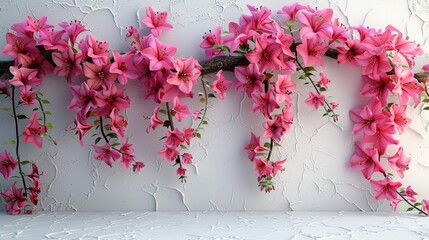 Aufkleber - The beautiful, serene scene features bright pink bougainvillea cascading down a clean white cement wall. The contrast between the rich colors of the flowers and white background. Generative AI.